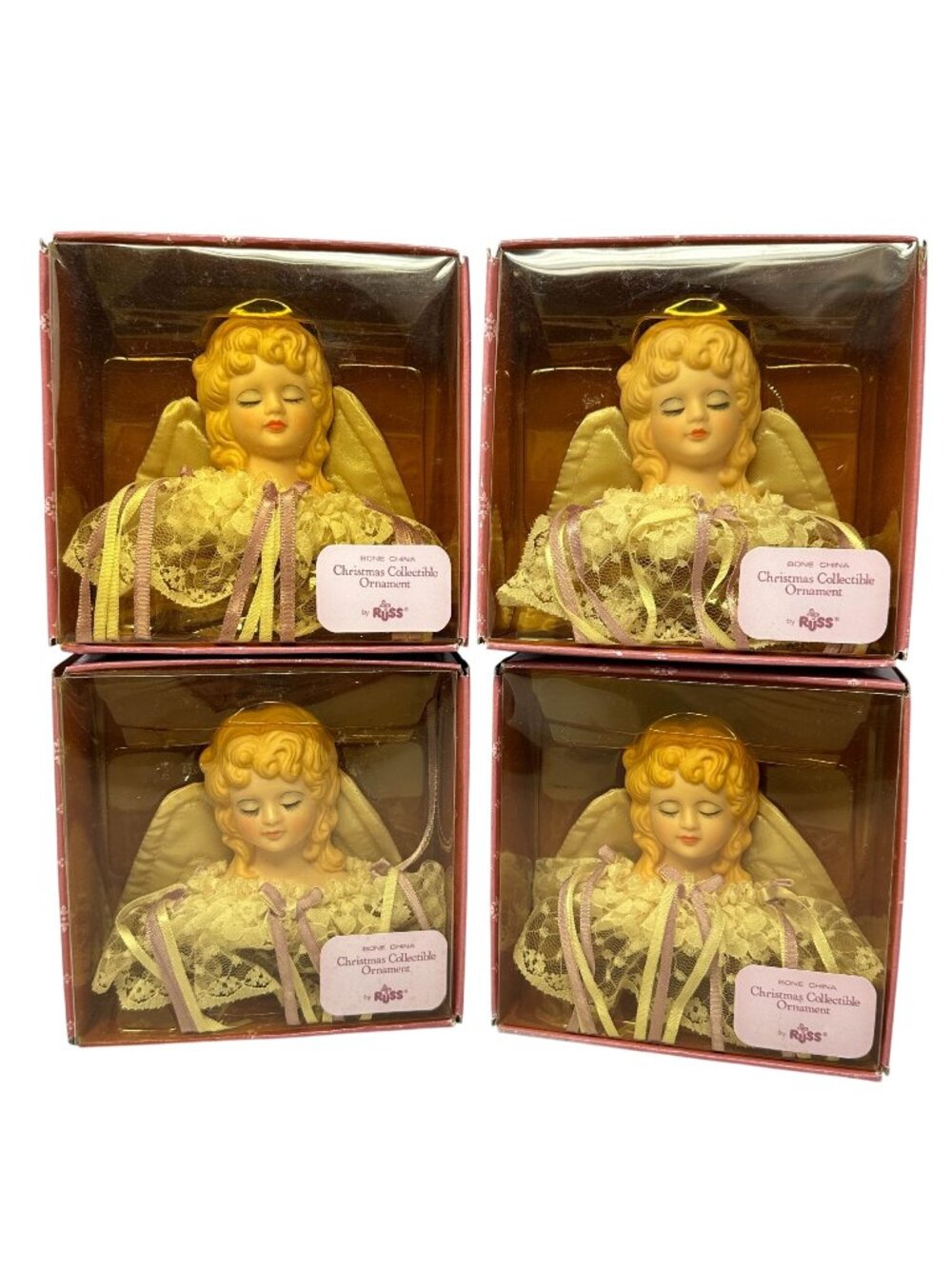 Russ Berrie Christmas Angel Head Ornament Set Bone China Satin Wings